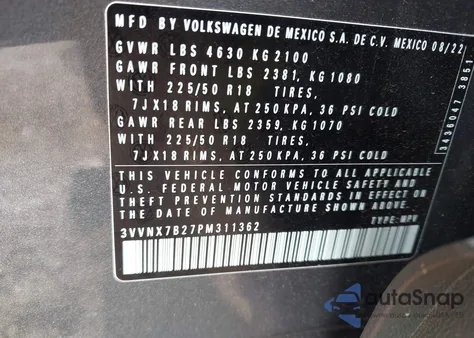 2023 Volkswagen Taos Se z USA, uszkodzony, nr VIN 3VVNX7B27PM311362